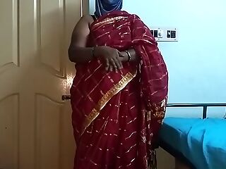 desi  indian tamil telugu kannada malayalam hindi horny cheating wifey vanitha wearing cherry red colour saree showing big boobs and smooth-shaven pussy press hard boobs press nipple rubbing pussy onanism